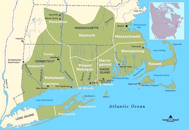 Map of New England states with tribal territories, circa 1600