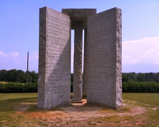 Georgia Guidestones which contain the blueprint for the Globalists’ NWO and their plan for 90% depopulation of Planet Earth and their own New Ten Commandments.