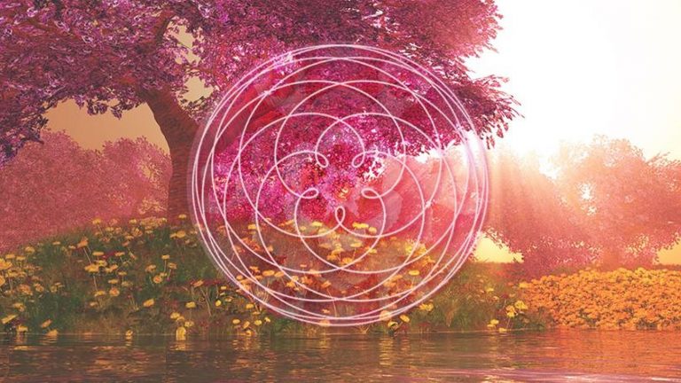 Sister hood of the rose, flower of life pattern over a beautiful scene