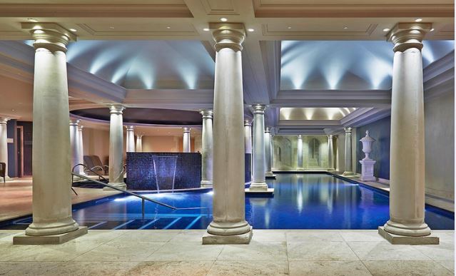 Greek columns and reflecting pool