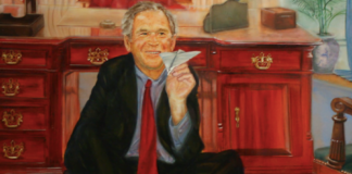 Painting of George Bush Playing Airplanes With Two Jenga Towers Found In Jeff Epstein’s House