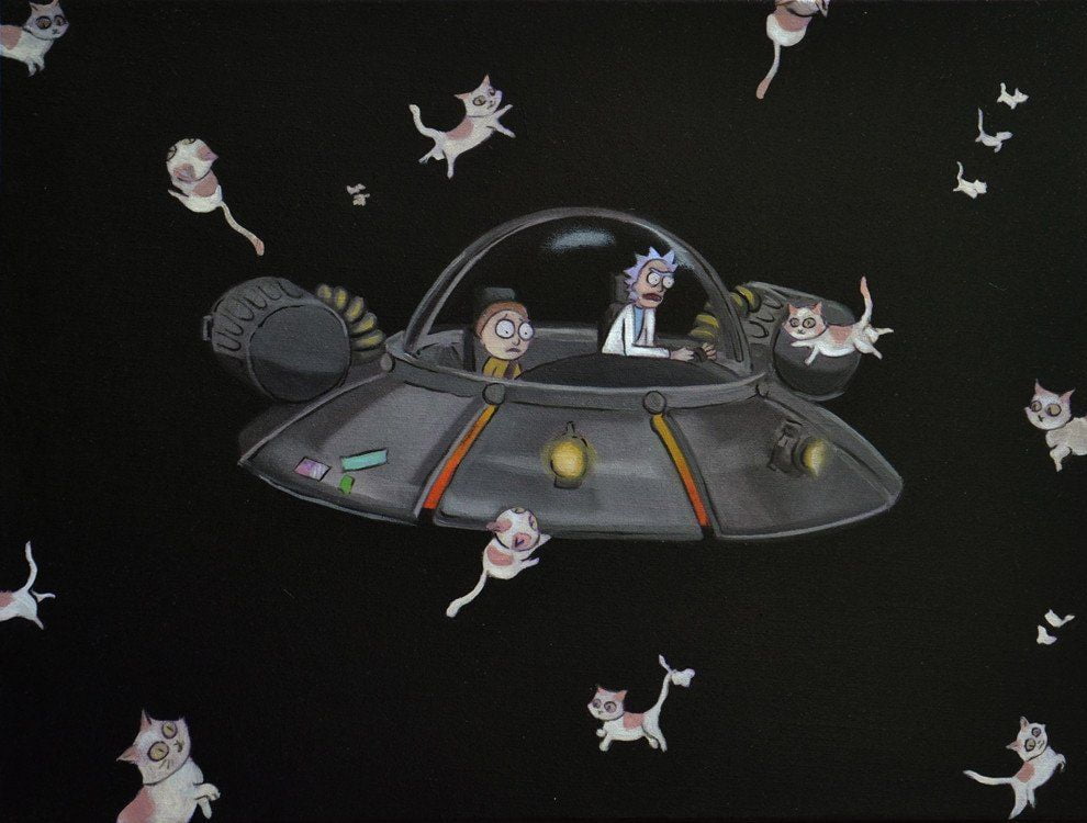 Rick & Morty in space ship with cats floating about in space